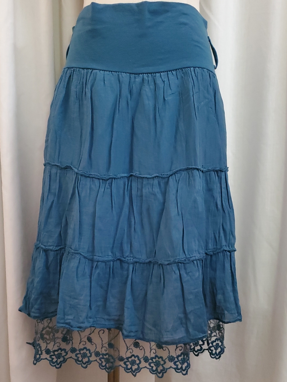 Vintage Made in Italy Silk Cotton Tiered Skirt Teal Blue Embroiderd Lace Ruffle